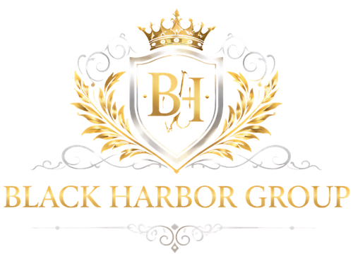  Black Harbor Group luxury gold and silver crest logo with crown and BH monogram
