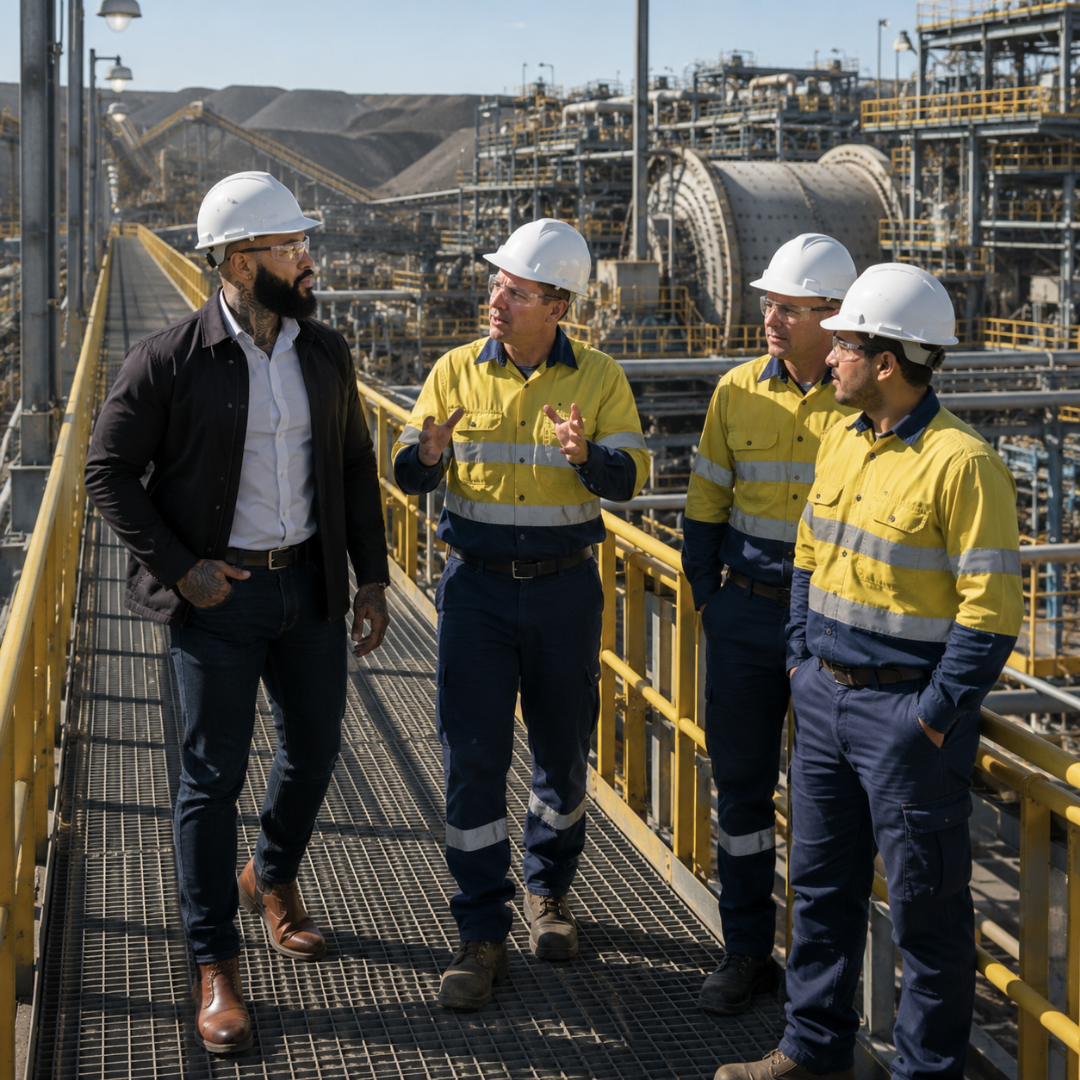  Zane Richardson reviewing mineral processing operations with mining specialists at a large-scale production facility