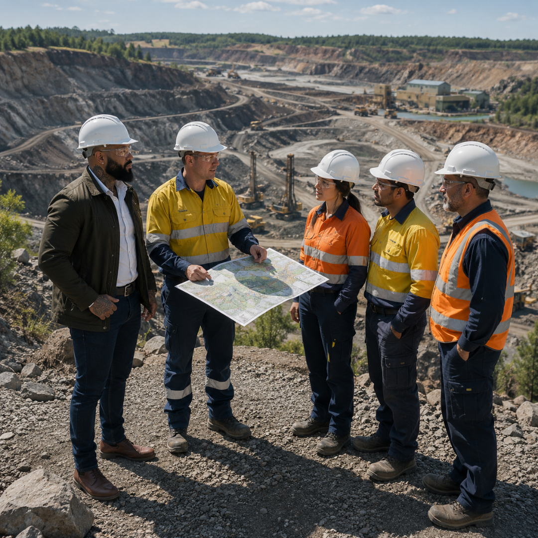  Zane Richardson discussing mining investment potential with site operators overlooking a large open-pit mineral project