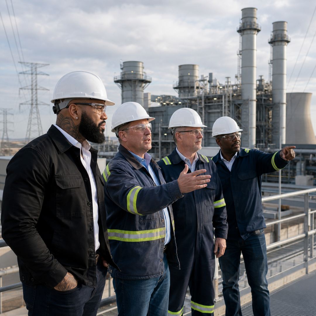  Zane Richardson reviewing power generation infrastructure with energy professionals during a facility inspection