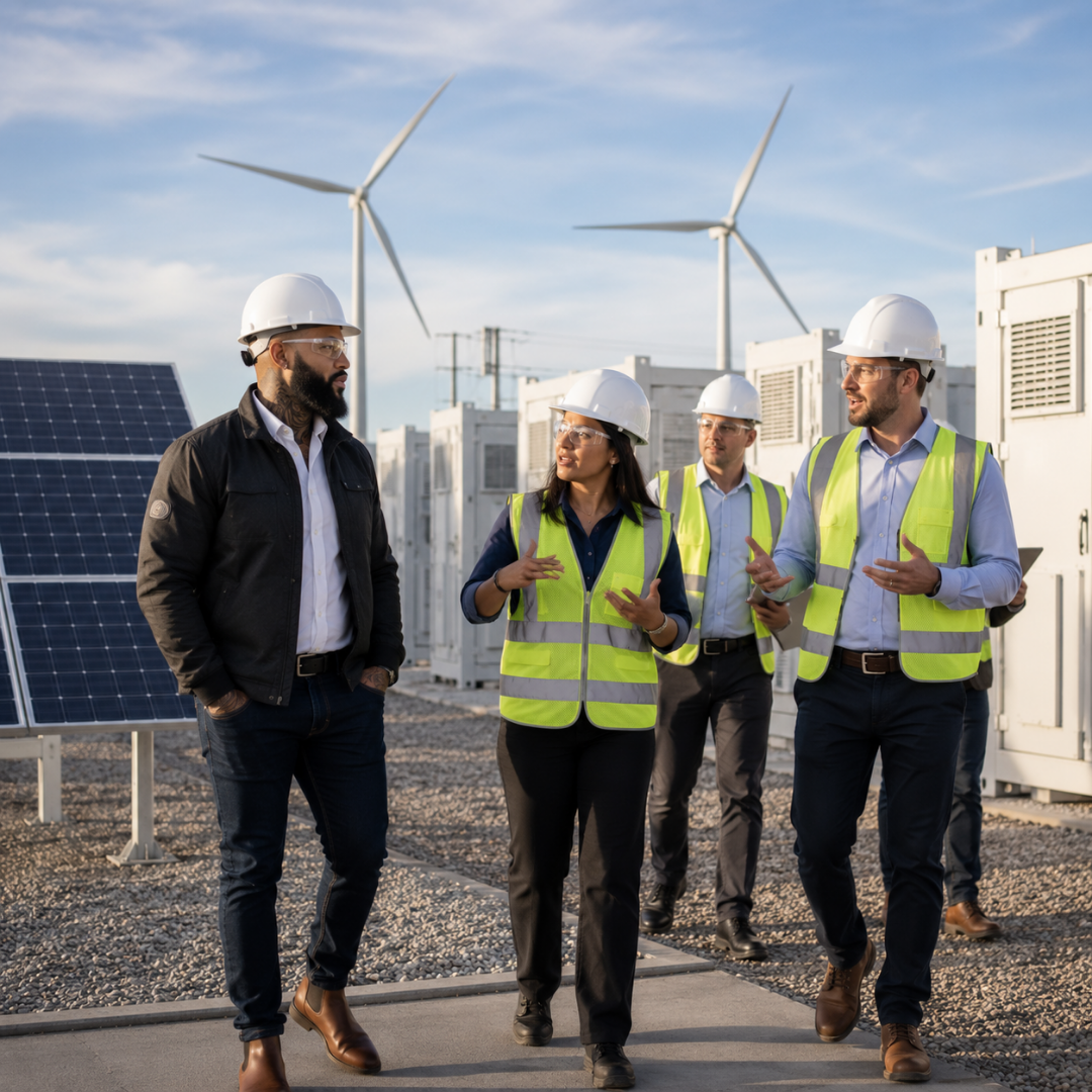  Zane Richardson exploring renewable energy investment opportunities at a solar, wind and battery storage facility