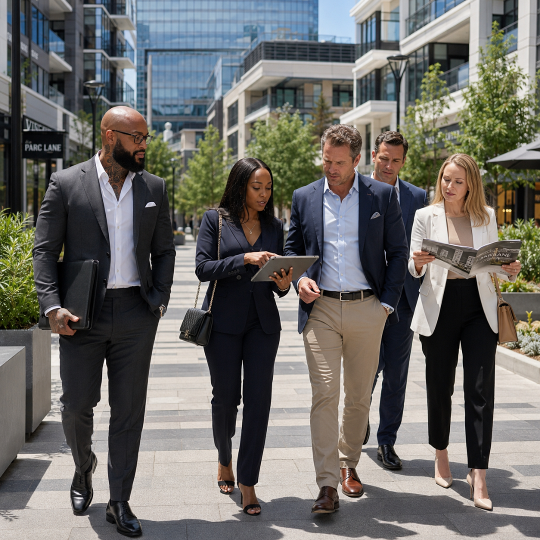  Zane Richardson walking with investment professionals through a modern commercial real estate development
