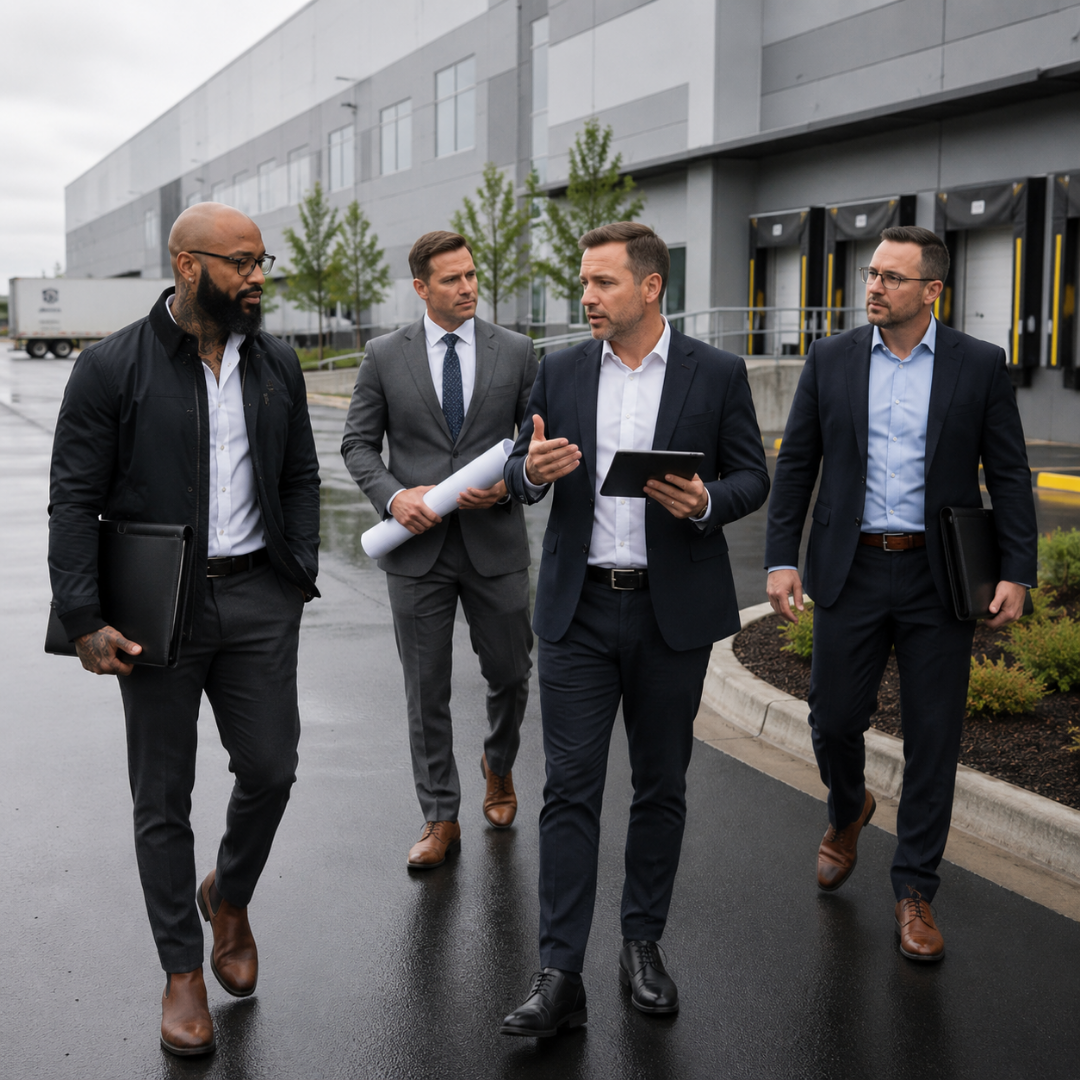 Zane Richardson touring an industrial logistics facility with investment and development professionals