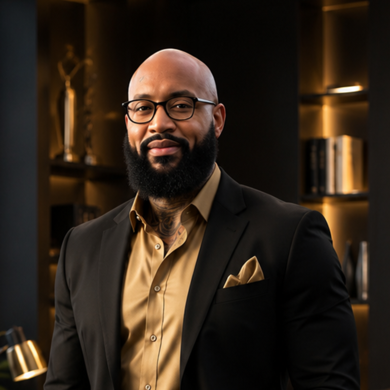 Portrait of Zane Richardson in a black suit and gold shirt in an executive office setting